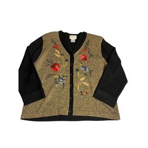VTG Susan Bristol 1998 Floral Embroidered Black Gold Metallic Button Cardigan M